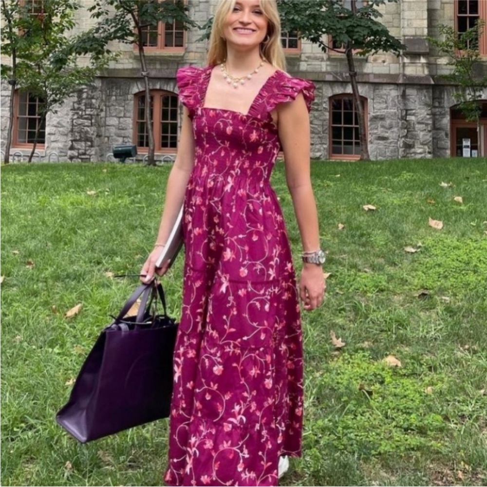 Hill House Burgundy Floral Maxi Dress with Ruffled Shoulders